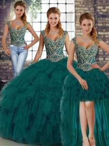 Pretty Floor Length Three Pieces Sleeveless Peacock Green Sweet 16 Dress Lace Up