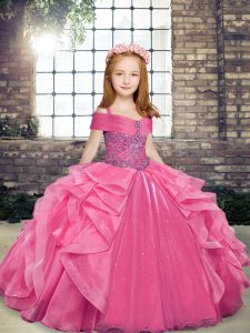 Elegant Sleeveless Organza Floor Length Lace Up Little Girl Pageant Gowns in Pink with Beading and Ruffles
