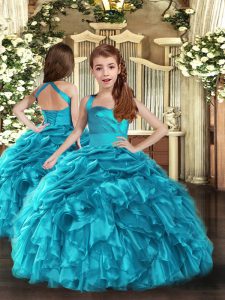 Affordable Baby Blue Organza Lace Up Little Girl Pageant Dress Sleeveless Floor Length Ruffles and Ruching