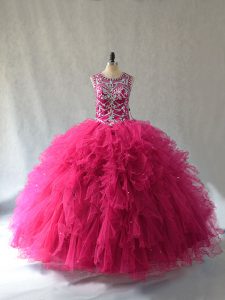 Custom Design Ball Gowns Sweet 16 Dresses Hot Pink Scoop Tulle Sleeveless Lace Up