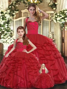 Red Tulle Lace Up Quince Ball Gowns Sleeveless Floor Length Ruffles