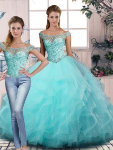 Gorgeous Aqua Blue Sleeveless Tulle Lace Up 15th Birthday Dress for Sweet 16 and Quinceanera