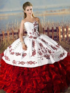 Modest White And Red Sleeveless Floor Length Embroidery and Ruffles Lace Up Quinceanera Dress