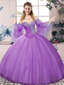 Lavender Ball Gowns Tulle Sweetheart Long Sleeves Beading Floor Length Lace Up 15 Quinceanera Dress
