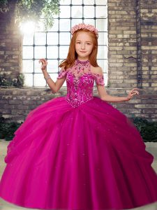 Tulle Scoop Sleeveless Lace Up Beading Little Girl Pageant Gowns in Fuchsia