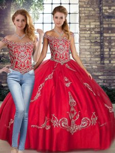 Discount Red Quinceanera Gown Military Ball and Sweet 16 and Quinceanera with Beading and Embroidery Off The Shoulder Sleeveless Lace Up