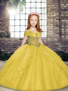 Straps Sleeveless Lace Up Little Girl Pageant Dress Yellow Tulle