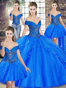 Charming Royal Blue Ball Gowns Off The Shoulder Sleeveless Tulle Floor Length Lace Up Beading and Ruffles Vestidos de Quinceanera