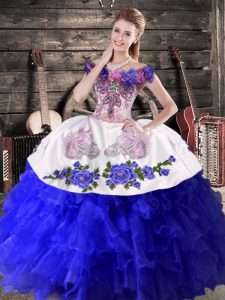 Perfect Royal Blue Ball Gowns Off The Shoulder Sleeveless Organza Floor Length Lace Up Embroidery and Ruffles Sweet 16 Quinceanera Dress
