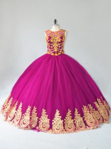 Low Price Fuchsia Scoop Lace Up Beading and Appliques 15th Birthday Dress Sleeveless