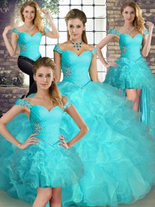 Aqua Blue Organza Lace Up Off The Shoulder Sleeveless Floor Length Sweet 16 Dress Beading and Ruffles