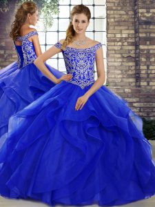 Royal Blue Sleeveless Beading and Ruffles Lace Up Ball Gown Prom Dress