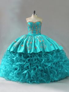 Aqua Blue Ball Gowns Embroidery and Ruffles Ball Gown Prom Dress Lace Up Fabric With Rolling Flowers Sleeveless
