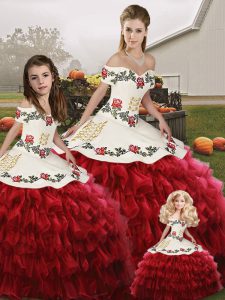 Fashion Wine Red 15 Quinceanera Dress Military Ball and Sweet 16 and Quinceanera with Embroidery and Ruffled Layers Off The Shoulder Sleeveless Lace Up