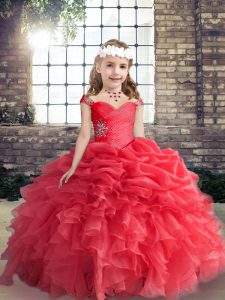 Luxurious Red Sleeveless Floor Length Beading Lace Up Glitz Pageant Dress
