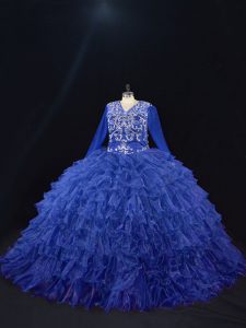 Top Selling Long Sleeves Organza Floor Length Lace Up Vestidos de Quinceanera in Royal Blue with Beading and Ruffled Layers