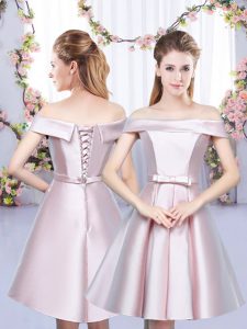 Floor Length Lace Up Damas Dress Baby Pink for Wedding Party with Bowknot