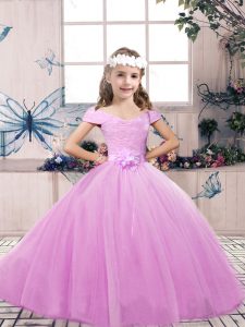 Cheap Lilac Sleeveless Lace and Belt Floor Length Little Girls Pageant Gowns