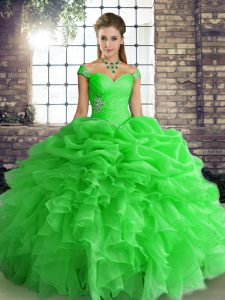 Amazing Green Quinceanera Gowns Military Ball and Sweet 16 and Quinceanera with Beading and Ruffles and Pick Ups Off The Shoulder Sleeveless Lace Up