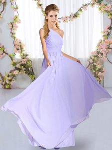 High End Lavender Empire Chiffon One Shoulder Sleeveless Ruching Floor Length Lace Up Dama Dress for Quinceanera