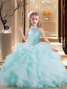 Eye-catching Light Blue Ball Gowns Beading and Ruffles Little Girls Pageant Dress Lace Up Tulle Sleeveless