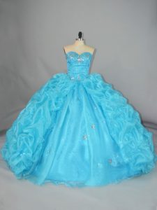 Blue Ball Gowns Sweetheart Sleeveless Organza Floor Length Lace Up Embroidery and Ruffles Quinceanera Dress