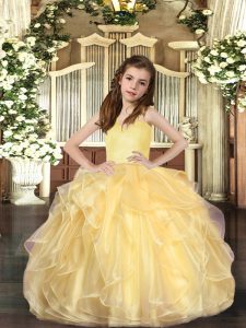 New Arrival Gold Lace Up Straps Ruffles Child Pageant Dress Organza Sleeveless