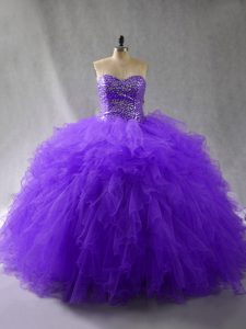 Glorious Purple Ball Gown Prom Dress Sweet 16 and Quinceanera with Beading and Ruffles Sweetheart Sleeveless Lace Up