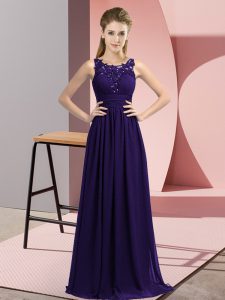 Sumptuous Scoop Sleeveless Dama Dress Floor Length Beading and Appliques Purple Chiffon
