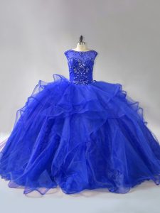 Sleeveless Beading and Ruffles Lace Up Sweet 16 Dress with Royal Blue Brush Train