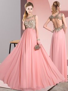 Eye-catching Pink Sleeveless Floor Length Beading and Appliques Backless Dama Dress