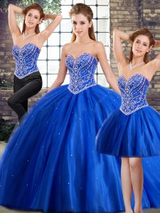 Blue Lace Up Vestidos de Quinceanera Beading Sleeveless Brush Train