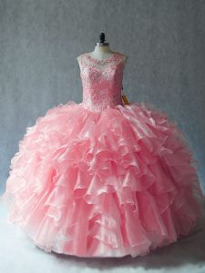 Low Price Pink Ball Gowns Beading and Ruffles Quinceanera Gowns Lace Up Organza Sleeveless
