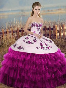 Fuchsia Ball Gowns Organza Sweetheart Sleeveless Embroidery and Ruffled Layers and Bowknot Floor Length Lace Up 15th Birthday Dress