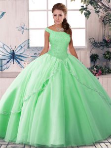 Apple Green Sweet 16 Dresses Military Ball and Sweet 16 and Quinceanera with Beading Off The Shoulder Sleeveless Brush Train Lace Up