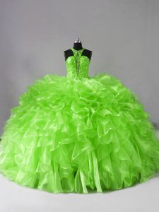 Fashionable Organza Halter Top Sleeveless Brush Train Zipper Beading and Ruffles Quince Ball Gowns in