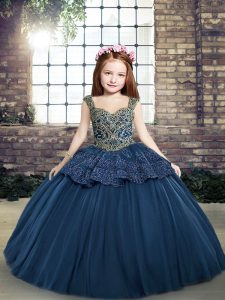Charming Navy Blue Lace Up Pageant Gowns For Girls Beading and Appliques Sleeveless Floor Length