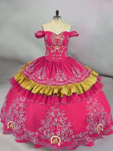 Sleeveless Floor Length Embroidery Lace Up Quinceanera Gown with Hot Pink