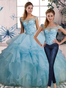 Fancy Floor Length Light Blue Ball Gown Prom Dress Off The Shoulder Sleeveless Lace Up