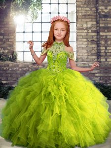 Lovely Beading and Ruffles Pageant Gowns For Girls Yellow Green Lace Up Sleeveless Floor Length