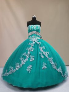 Floor Length Turquoise Quinceanera Dresses Tulle Sleeveless Appliques