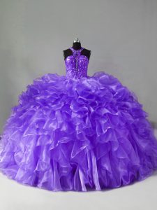 Hot Selling Lavender Halter Top Zipper Beading and Ruffles Quinceanera Gowns Brush Train Sleeveless