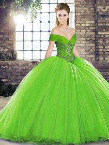 Luxurious Lace Up Off The Shoulder Beading Quinceanera Gowns Organza Sleeveless Brush Train