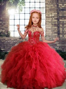 Custom Made Red Tulle Lace Up Scoop Sleeveless Floor Length Pageant Gowns For Girls Ruffles