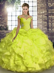 Dramatic Beading and Ruffles Ball Gown Prom Dress Yellow Lace Up Sleeveless Floor Length