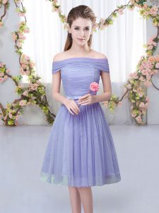 Discount Off The Shoulder Short Sleeves Tulle Quinceanera Court of Honor Dress Belt Lace Up