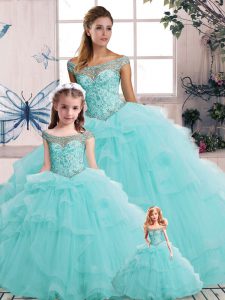 Fashion Aqua Blue Ball Gowns Beading and Ruffles Ball Gown Prom Dress Lace Up Tulle Sleeveless Floor Length