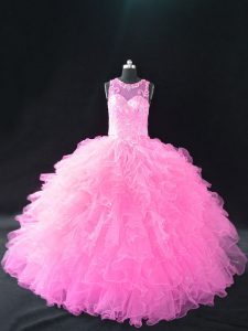 Charming Baby Pink Sleeveless Organza Lace Up Quinceanera Gown for Sweet 16 and Quinceanera