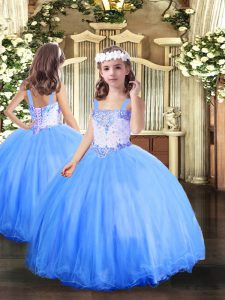 Modern Baby Blue Tulle Lace Up Straps Sleeveless Floor Length Little Girls Pageant Dress Beading