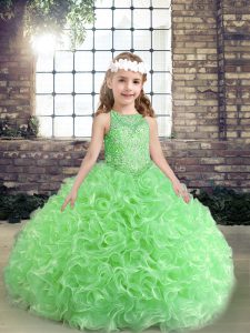 Fashion Ball Gowns Fabric With Rolling Flowers Scoop Sleeveless Beading Floor Length Lace Up Pageant Gowns For Girls